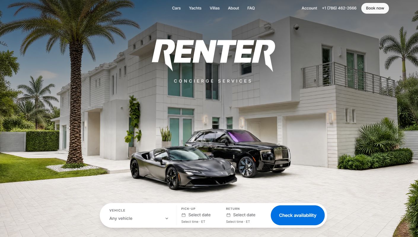 Renter’s live homepage: luxury cars outside a Miami estate, with a streamlined reservation form.